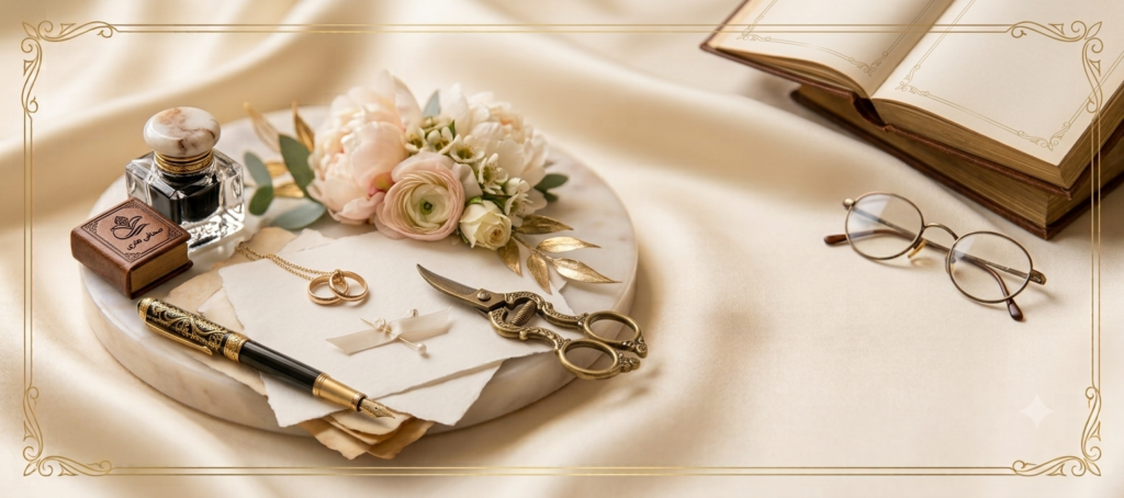 Close-up of a wedding place setting styled in ivory and gold