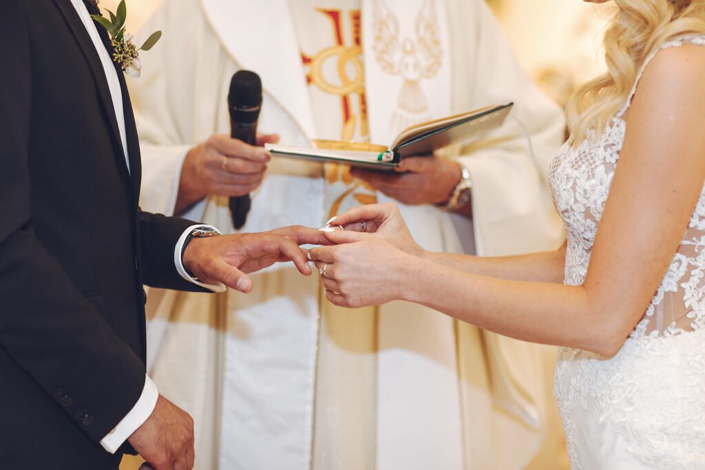 An elegantly dressed bride and groom